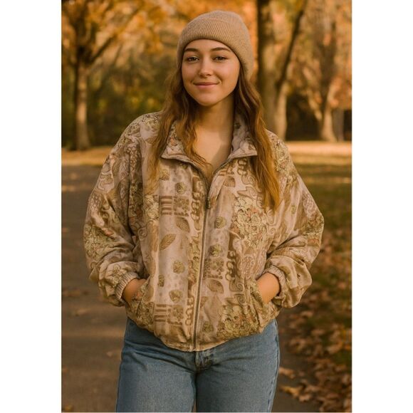 VTG EVR Rousso Silk Bomber Jacket Womens Size XL 90s Patchwork Windbreaker - Picture 1 of 15